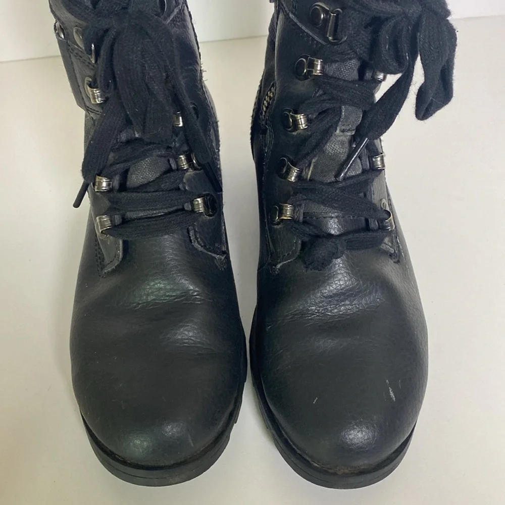 Sorel Girks Black Leather Combat Boots Lace Up Side Zip Youth Sz 2